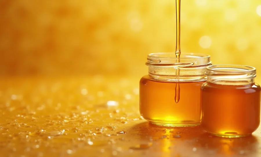 Honey being drawn from a jar in a Lithuanian apiary