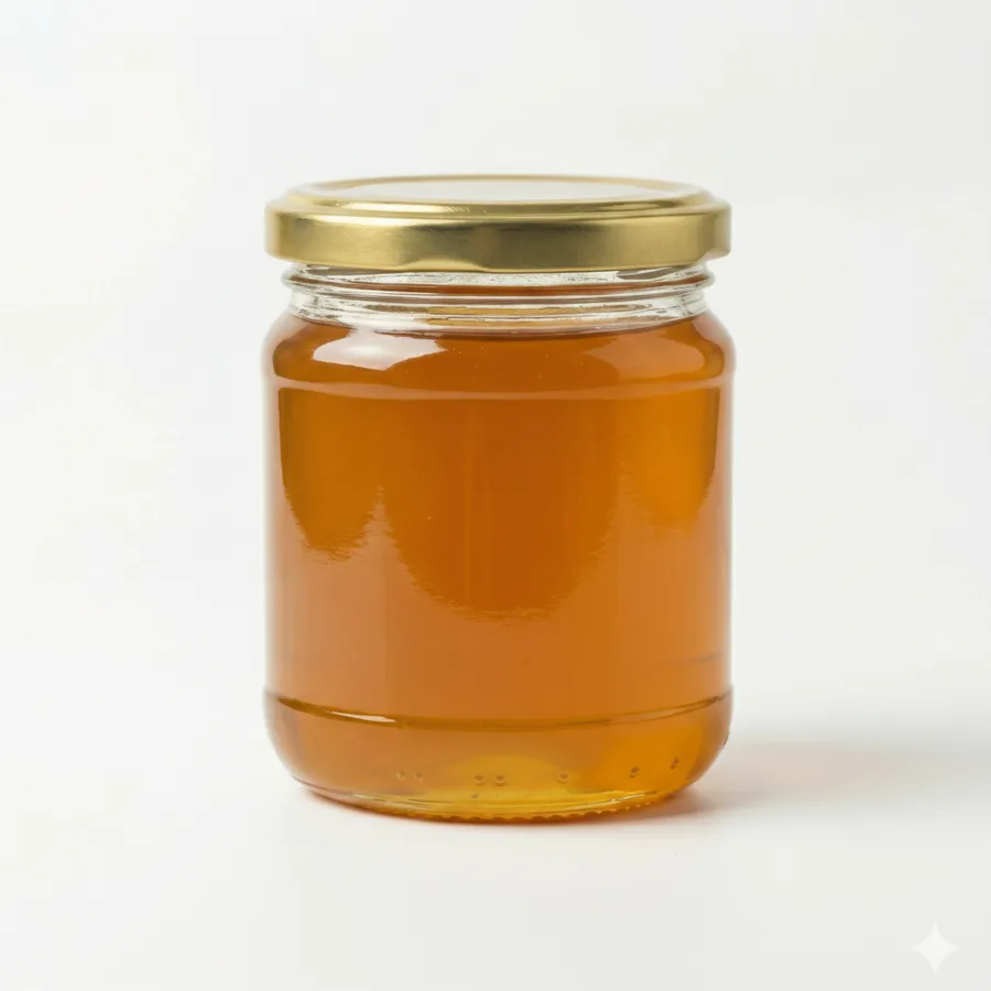 Label-free jar of rapeseed honey, pale white crystallized